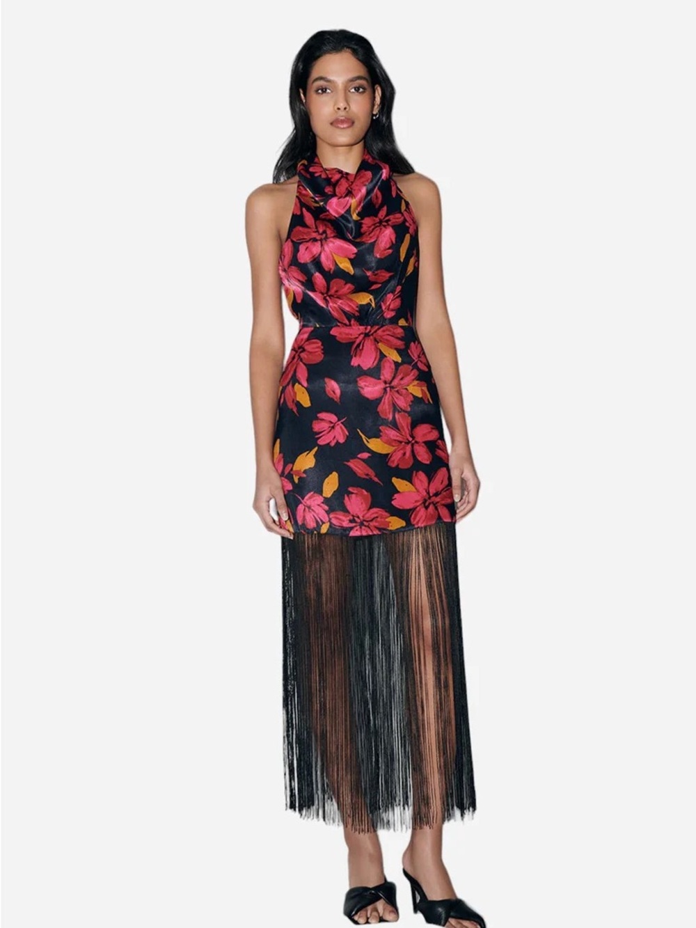 Saylor Floral Cowl Neck Fringe Hem Dress - Black & Pink